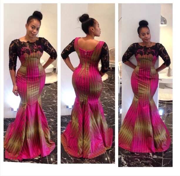 Ankara long dress with black lace décolletage and sleeves