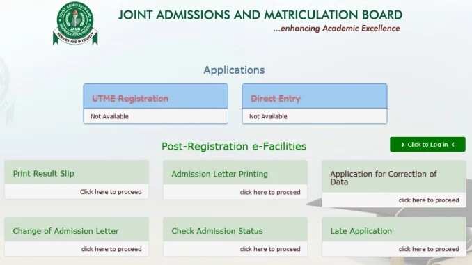 Services on JAMB website