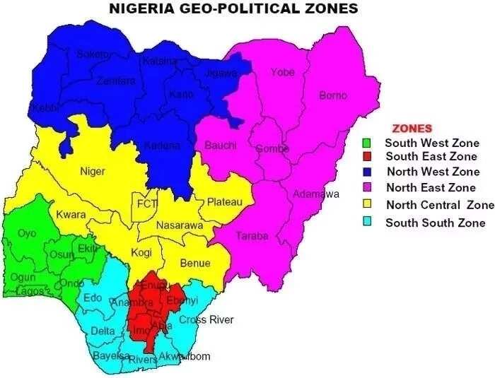 Map of Nigeria showing geopolitical zones
