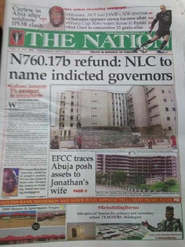 The Nation Newspaper of Wednesday, September 13. Photo credit: Legit.ng screenshot