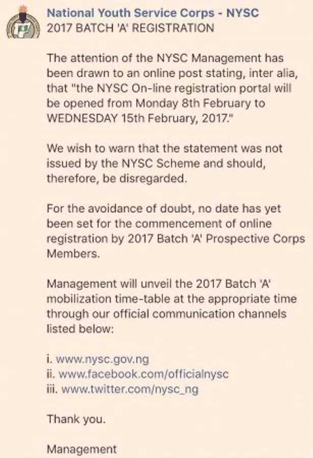 NYSC statement on Batch A 2017 online registration date