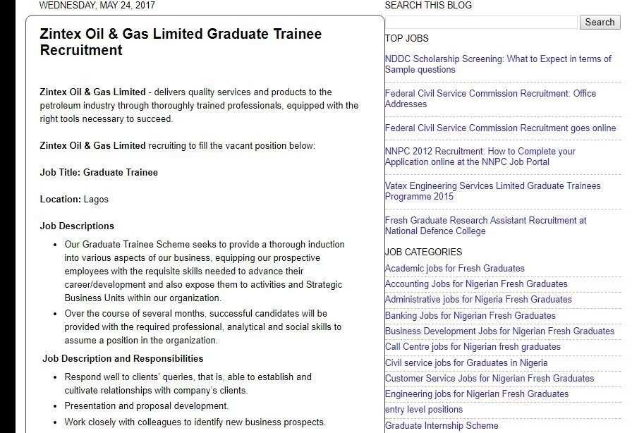 Zintex Oil and Gas graduate trainee recruitment