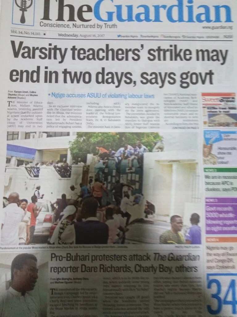 Front page of The Guardian newspaper, Wednesday August 16. Photo credit: Legit.ng screenshot