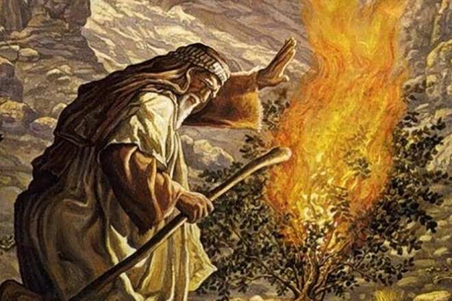 Moses in front of a burning bush