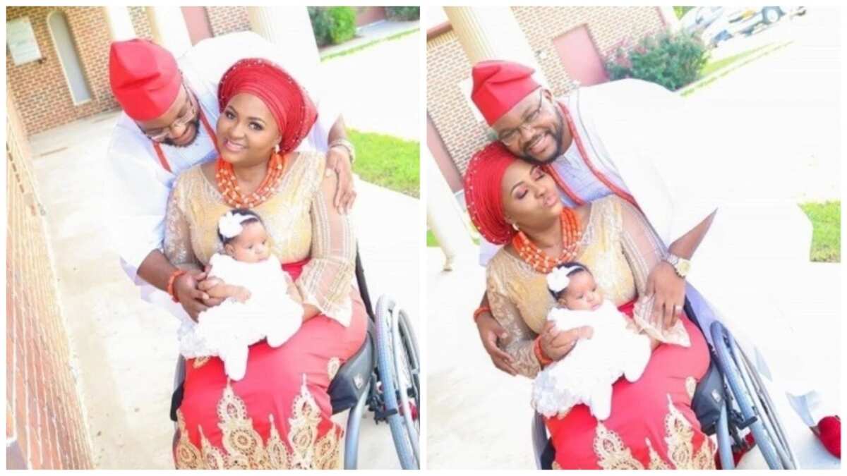 Image result for Physically challenged blogger, Lizzy and hubby dedicate their daughter in church (Photos)