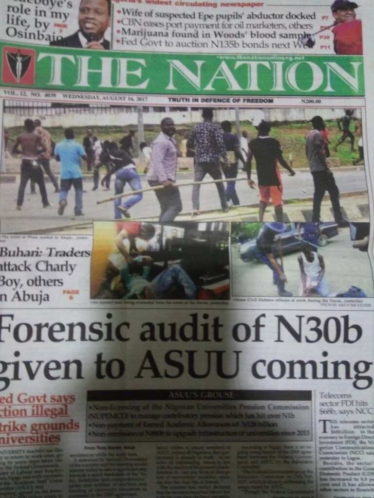 Front page of The Nation newspaper, Wednesday August 16. Photo credit: Legit.ng screenshot