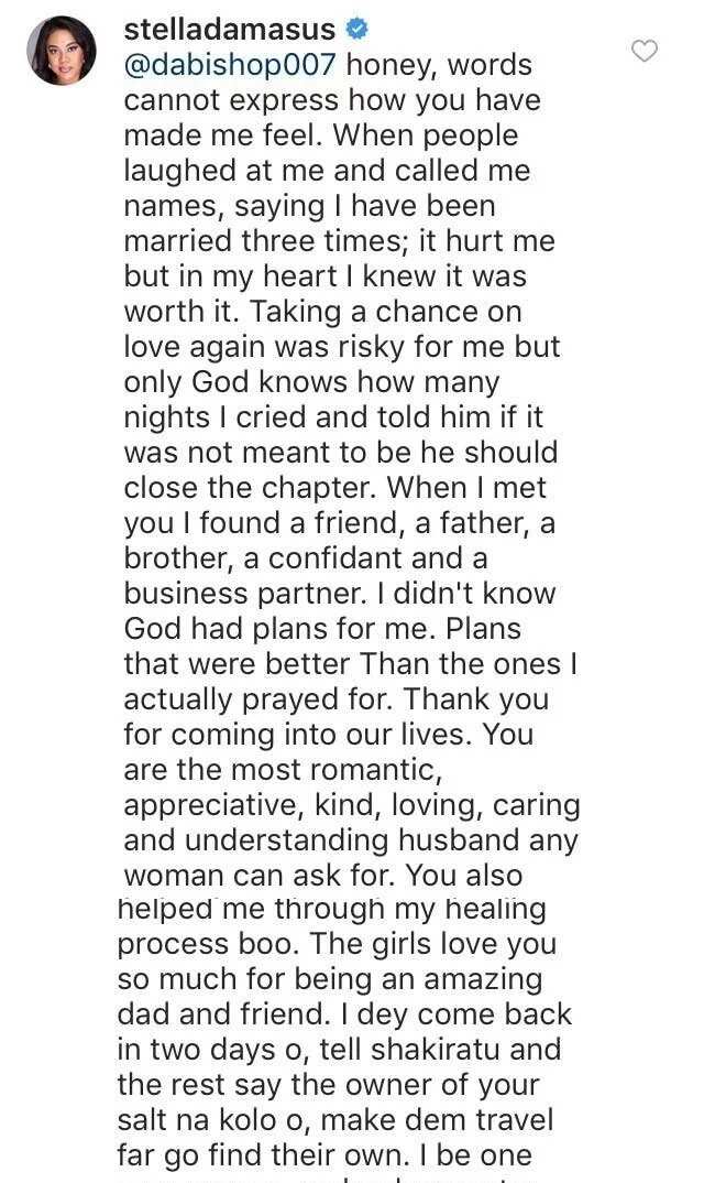 Stella Damasus shares a sweet message for her husband Daniel Ademinokan