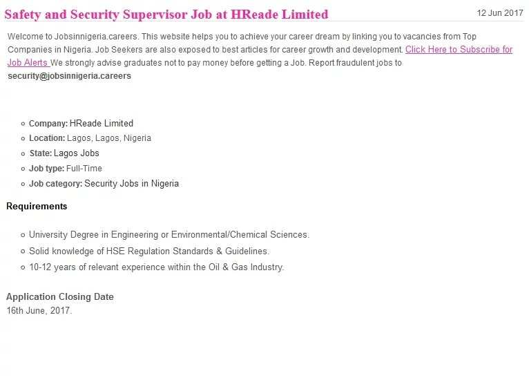 Safety and Security Supervisor Job at the HReade Limited
