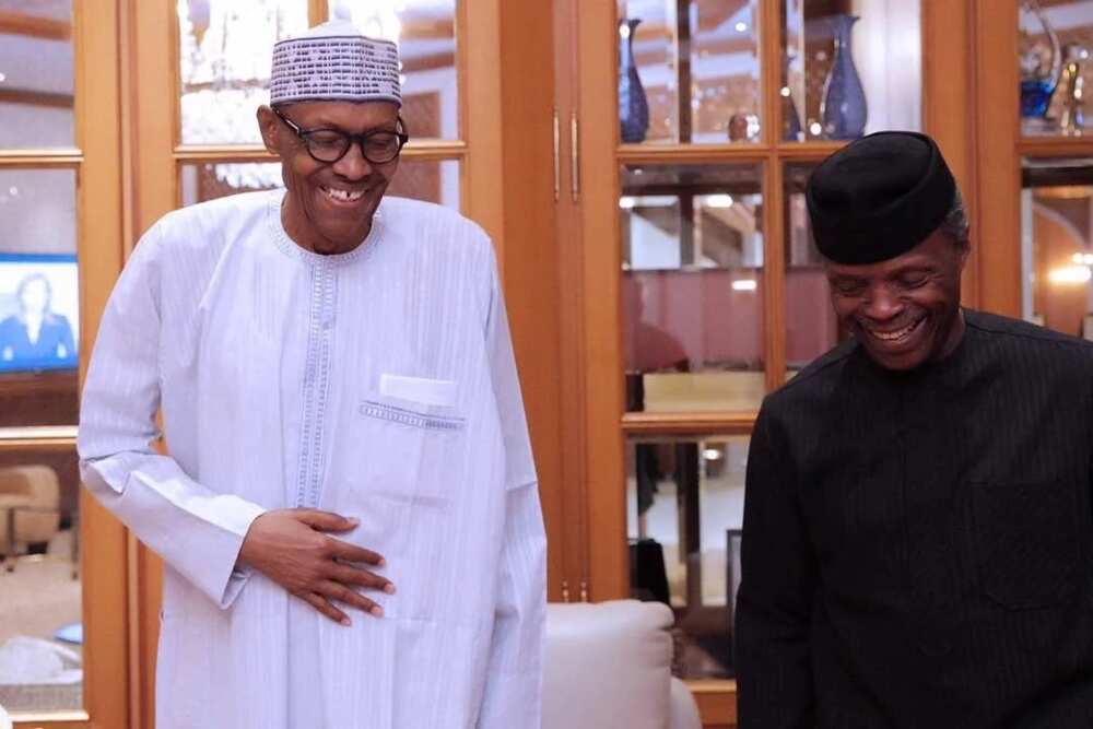 Buhari all smiles after a meeting with Osinbajo, Saraki, Dogara ahead of his medical trip to London