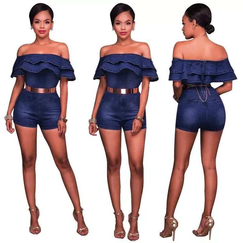 Denim jumpsuit with flounces and a belt