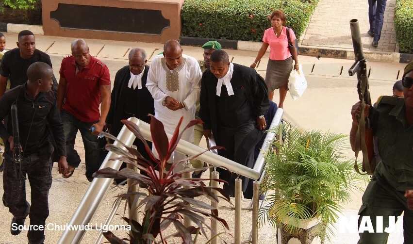Photos: Kanu in court, refuses to let his handcuffs be removed