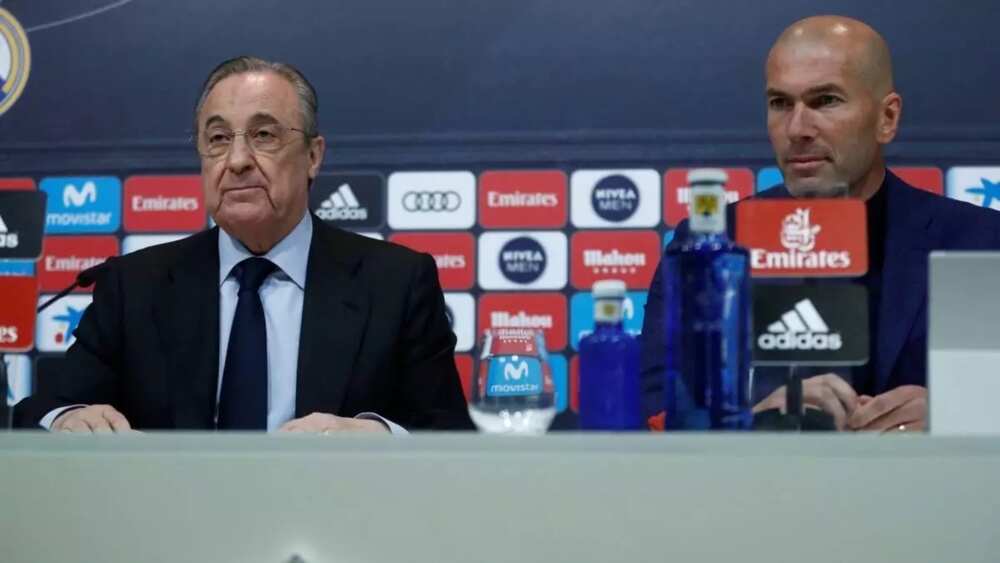 Real Madrid football club, Florentino Perez sitting alongside Zidane at the press conference Real Madrid football club, Florentino Perez sitting alongside Zidane at the press conference
