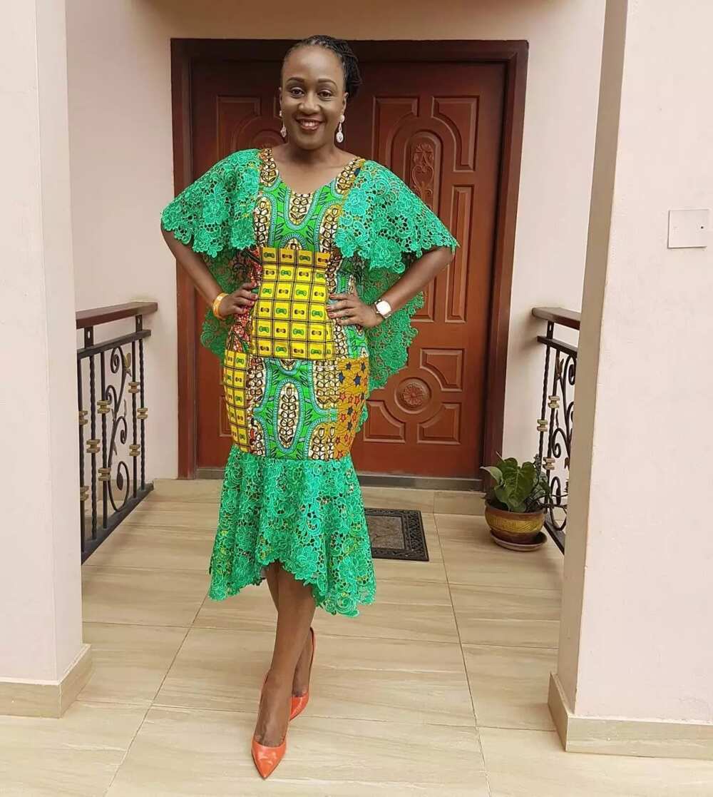 Ankara midi dress with green cord lace trim