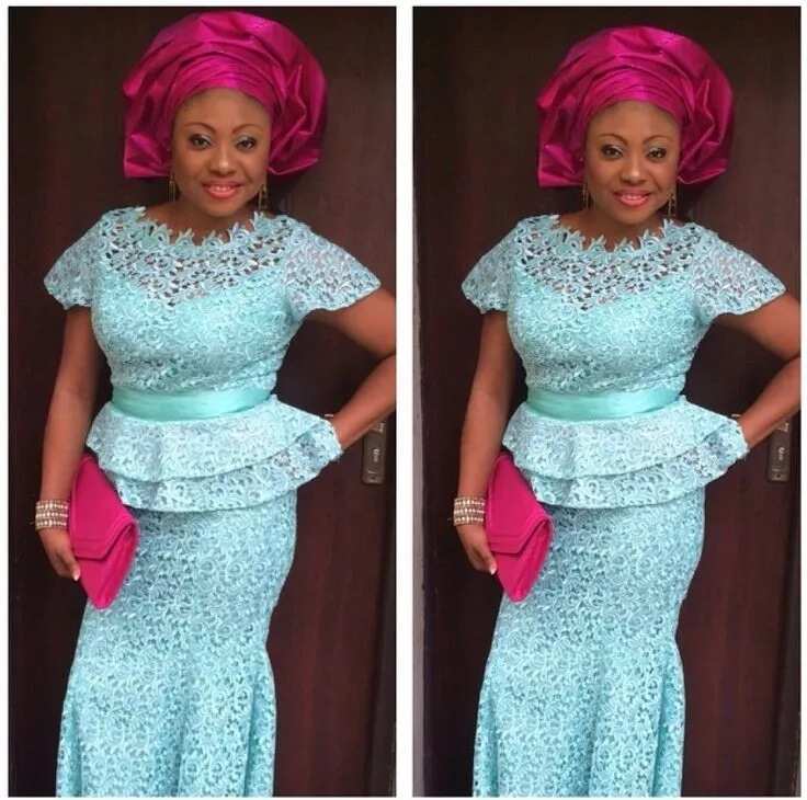 Aso Ebi styles with blue cord lace