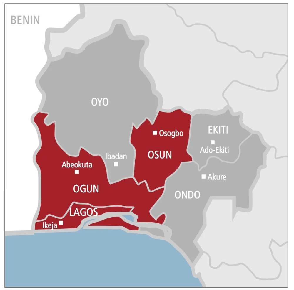 Map showing South West Nigeria