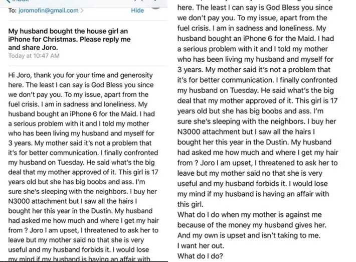 My husband bought an iPhone 6 for our housemaid - Nigerian lady cries out