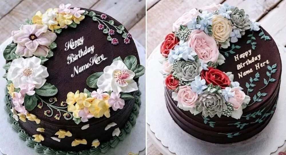 Most beautiful chocolate birthday cakes with name and flowers