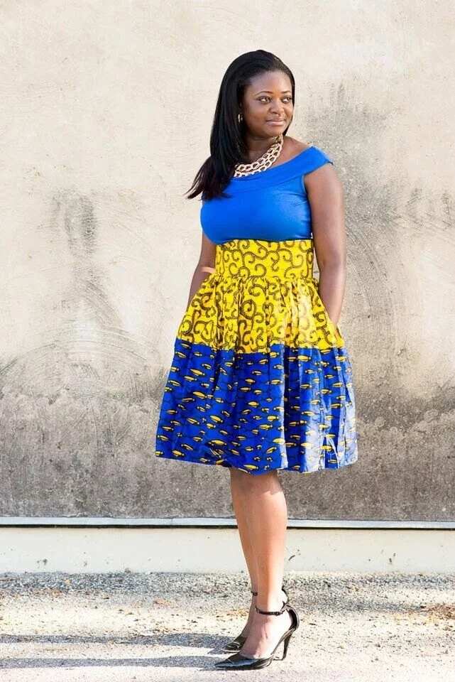Plain blue top and pattern skirt