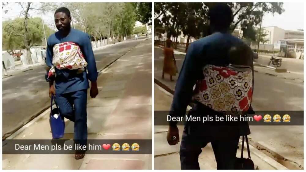 Young university lecturer spotted backing his baby on campus (photos)