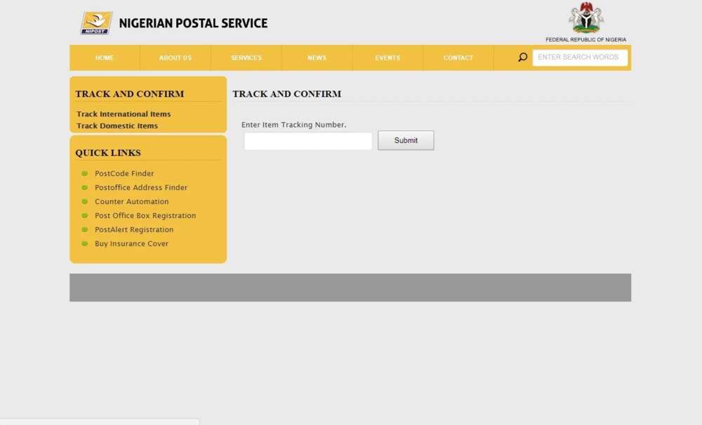 Nigeria post office tracking webpage