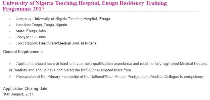 Health jobs at the Nigerian University of the Teaching Hospital