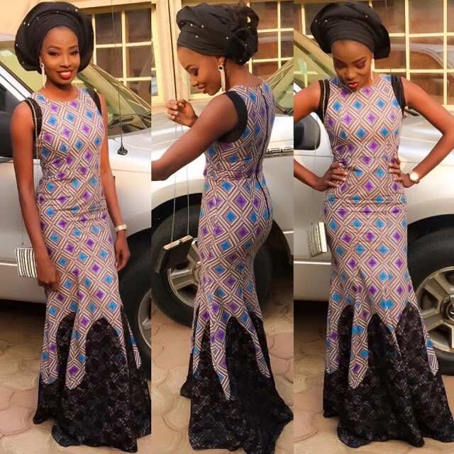 Ankara pastel colored dress with black lace decor