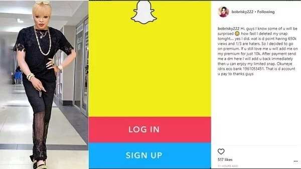Bobrisky goes premium on Snapchat deletes his over 600k account