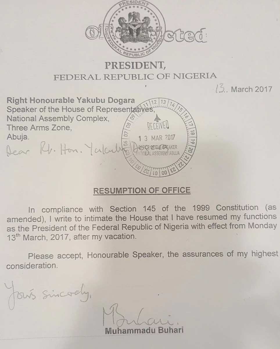 Buhari's Resumption: SEE Copy Of President's Letter To Dogara
