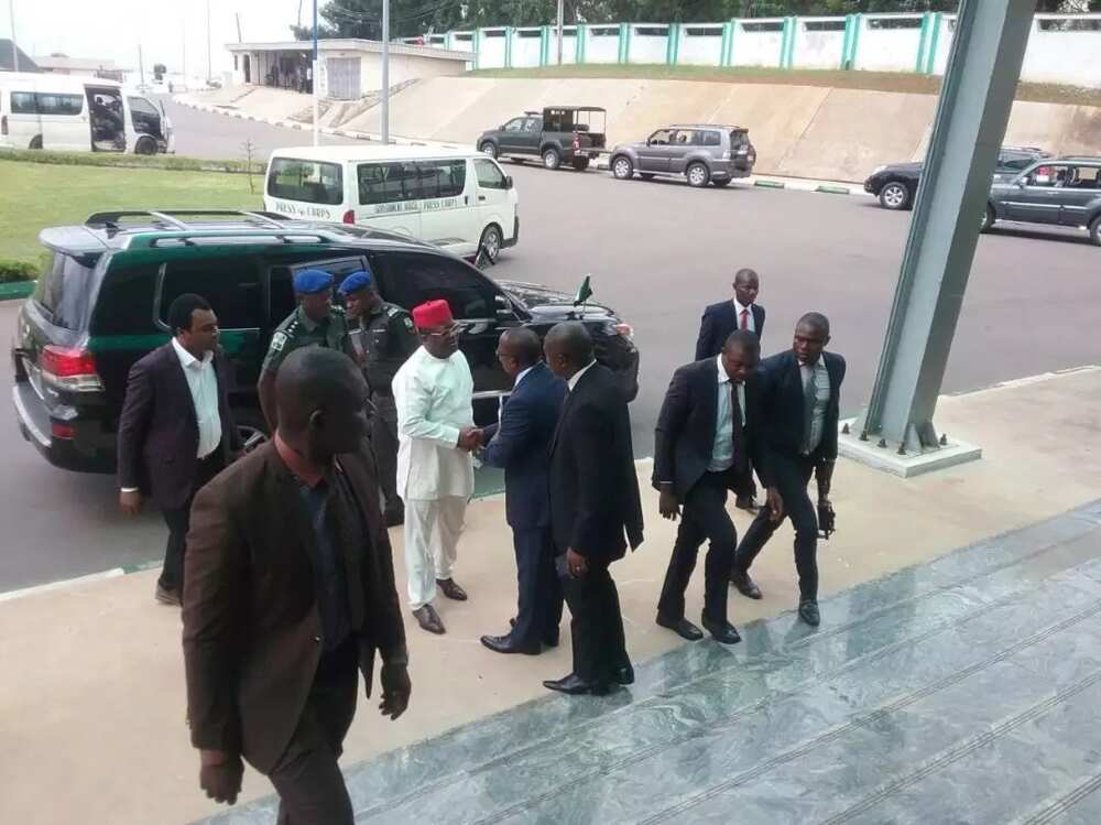 Ike Ekweremadu, deputy senate president arrives Enugu Government House, venue of the south east governors meeting. Photo credit: Nwaze Francis