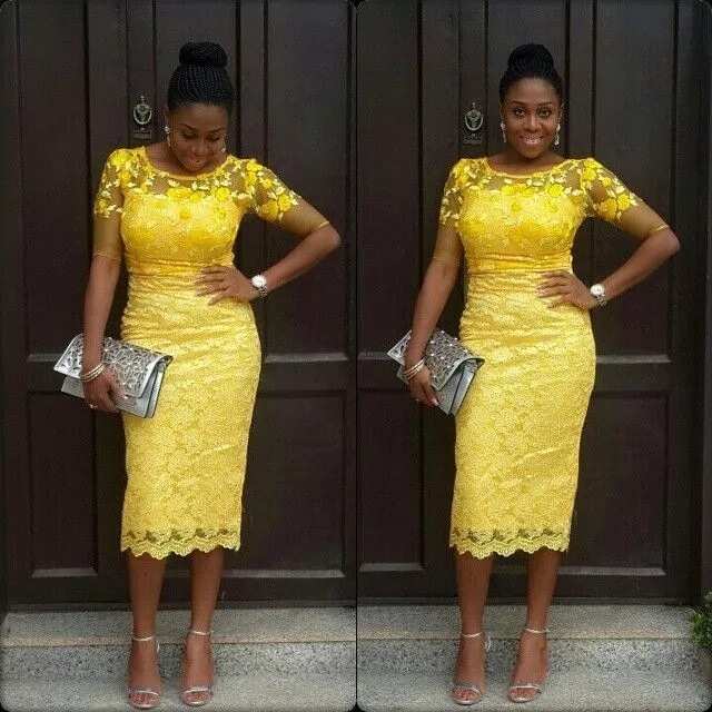 Yellow lace midi case dress