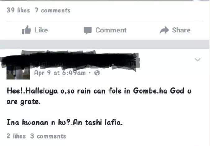 A member of the NYSC made the badly written Facebook post about recent rain fall in Gombe