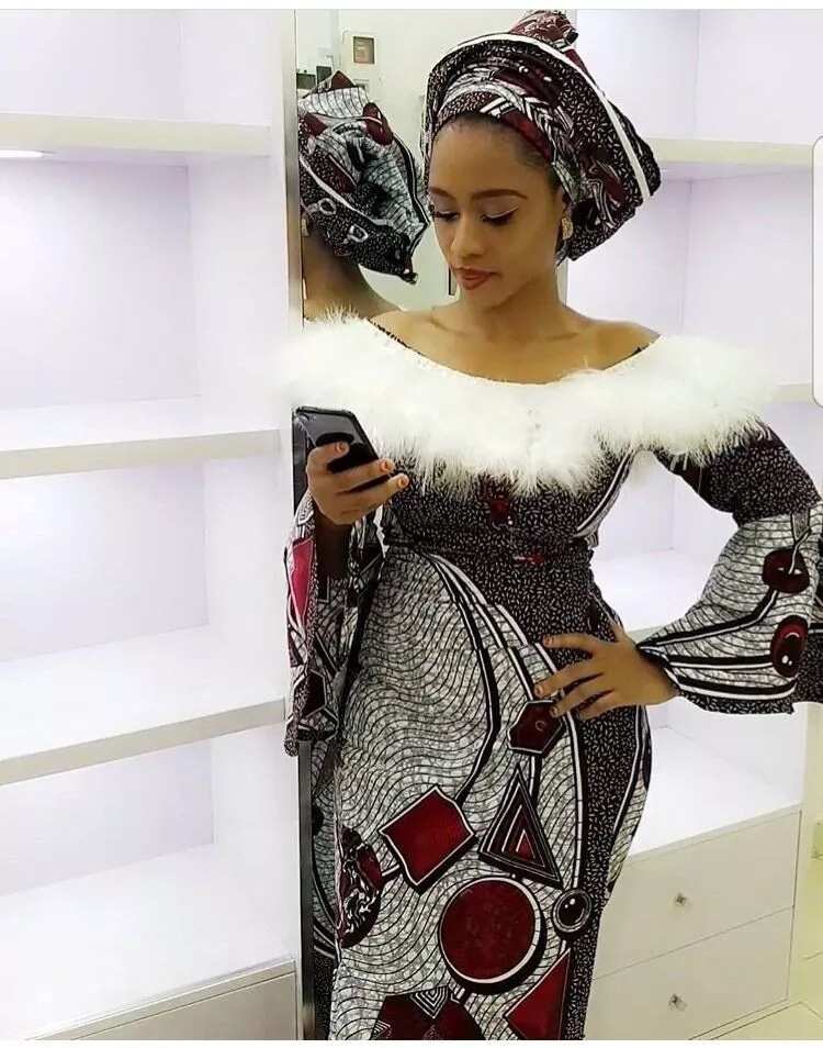 Ankara evening gown with feathers