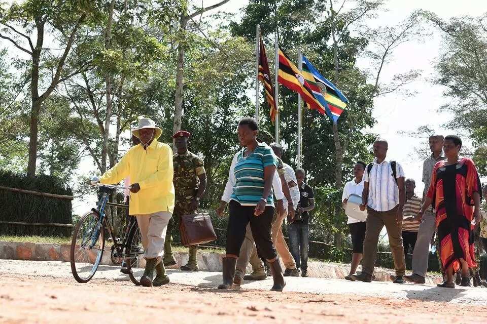 Anga shugaban kasar Uganda yana diban ruwa zuwa gonarsa Anga shugaban kasar Uganda yana diban ruwa zuwa gonarsa