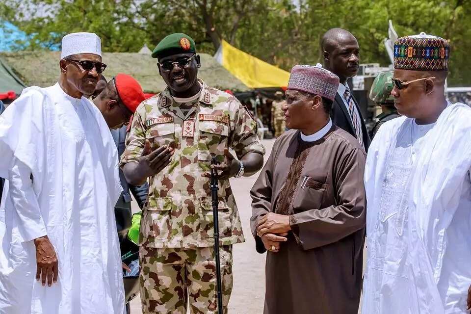 Buhari, Buratai, Ali and Shettima at the Army Day Celebration. Photo source: Femi Adesina