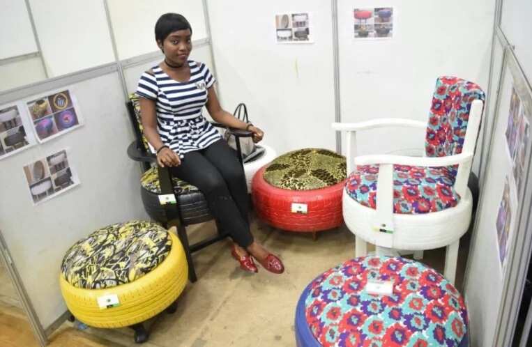 Meet talented Nigerian girl who creates pieces of furniture using already used tyres (photo)