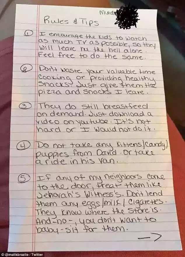 See the handwritten rules a no-nonsense mum left for her baby-sitter