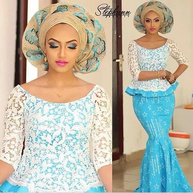 Aso ebi styles with cord lace in Nigeria 2017 - light blue and white