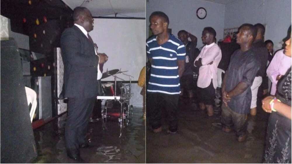 Members of a church worship inside a flooded arena in Port Harcourt Members of a church worship inside a flooded arena in Port Harcourt