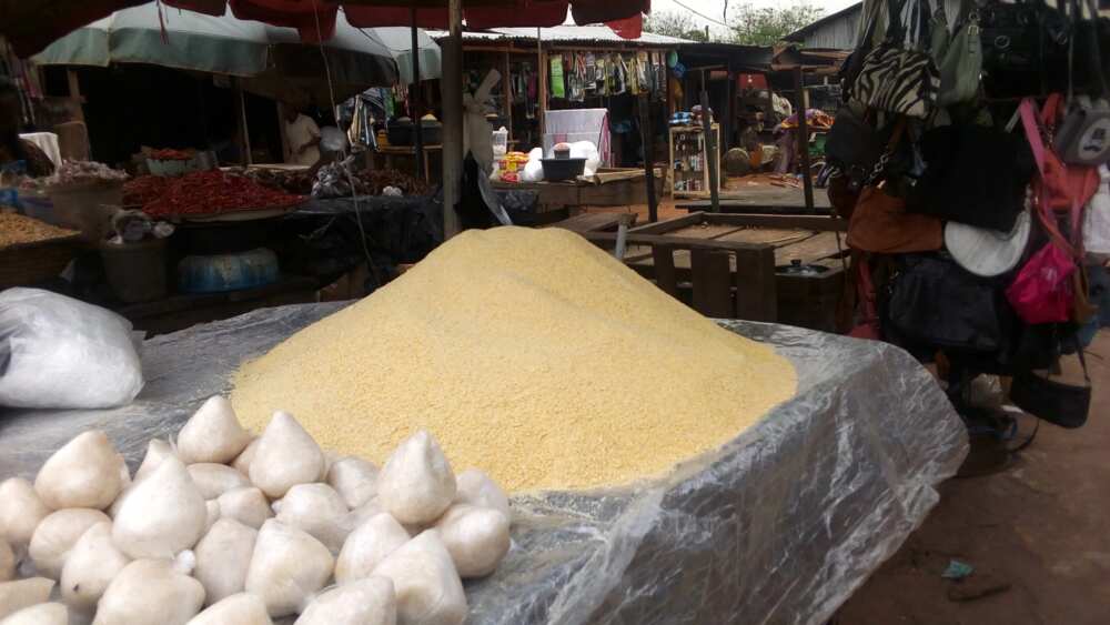 There was a slight reduction in the price of garri at Jos Adun market, Benin-City. Source: Esther Odili. There was a slight reduction in the price of garri at Jos Adun market, Benin-City. Source: Esther Odili.