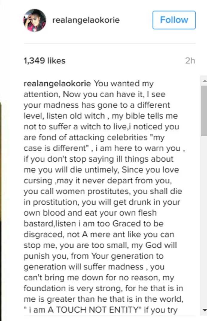 Angela Okorie comes hard on Kemi Olunloyo, calls her old witch