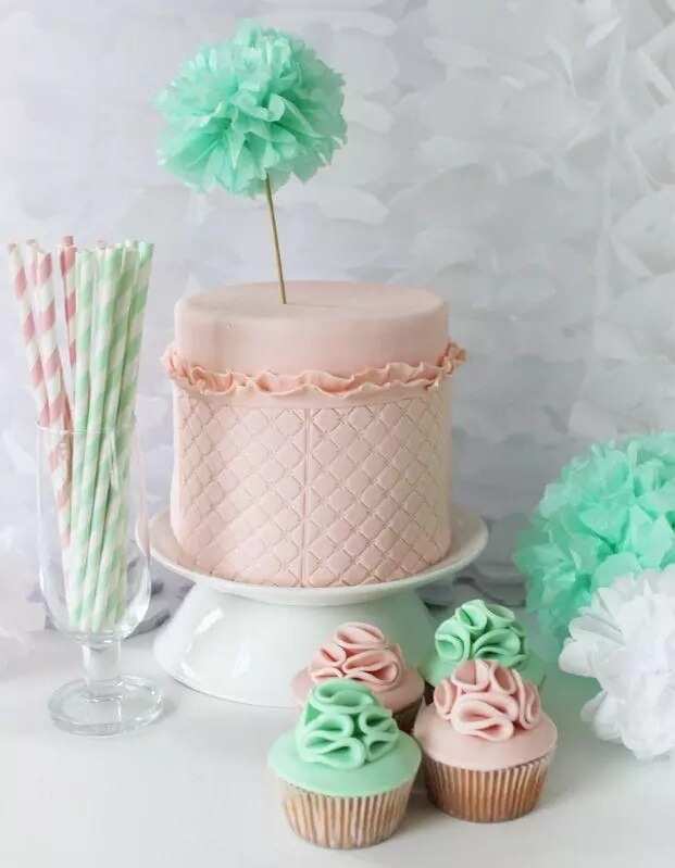 Sea green and peach wedding cake
