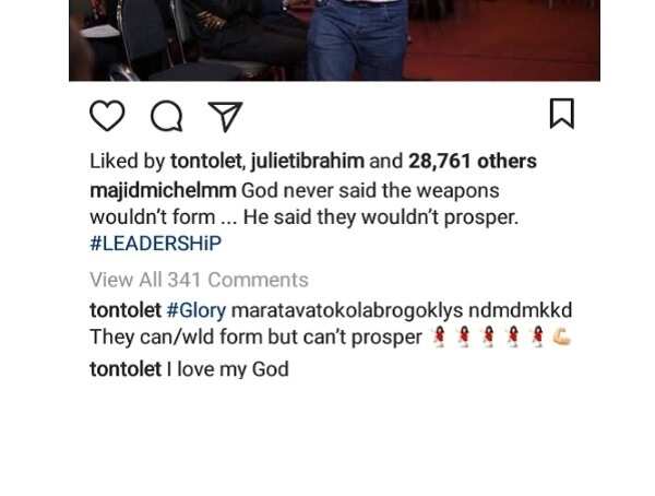 Tonto Dikeh writes in tongues as she comments on Majid Michael’s photo