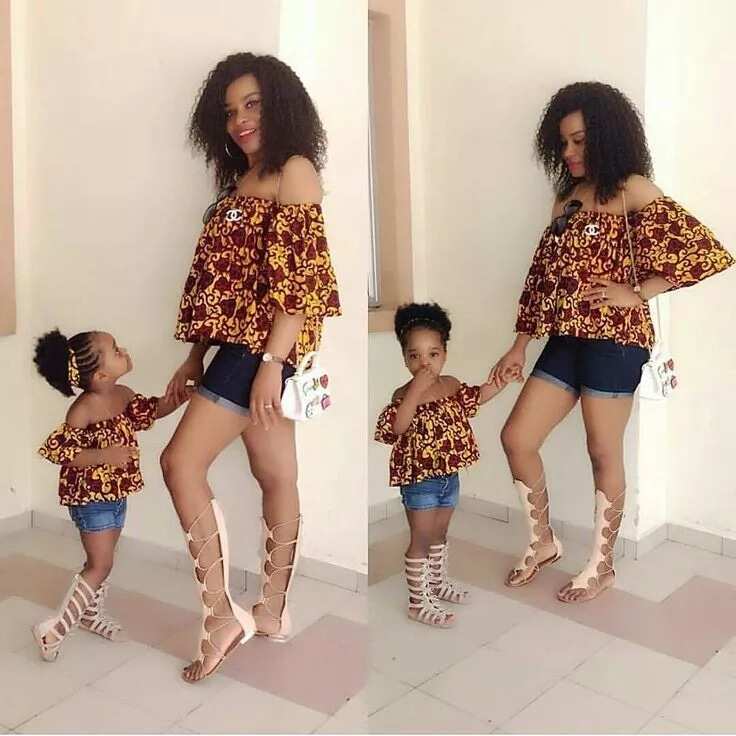 Ankara tops and denim shorts for mother and daughter
