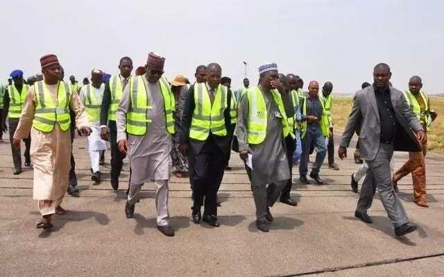Ministers of Information and Culture Lai Mohammed; and of State for Aviation Hadi Sirika inspect ongoing reconstruction work at the Abuja Airport