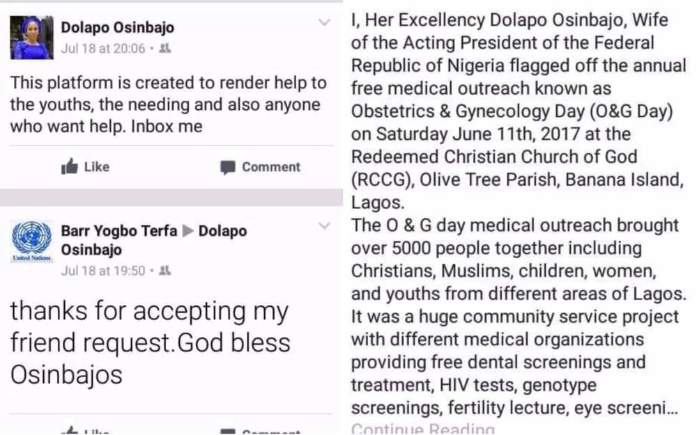 Scammer impersonates wife of the Acting President Osinbajo on Facebook, scams Nigerians