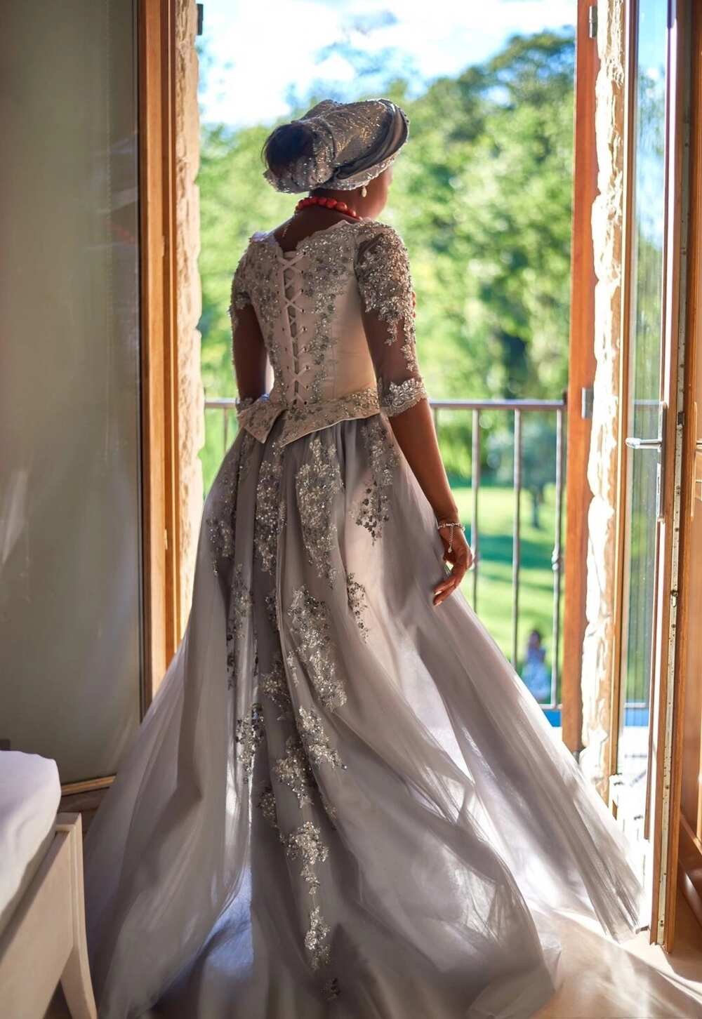 Wedding gown with French lace sleeves