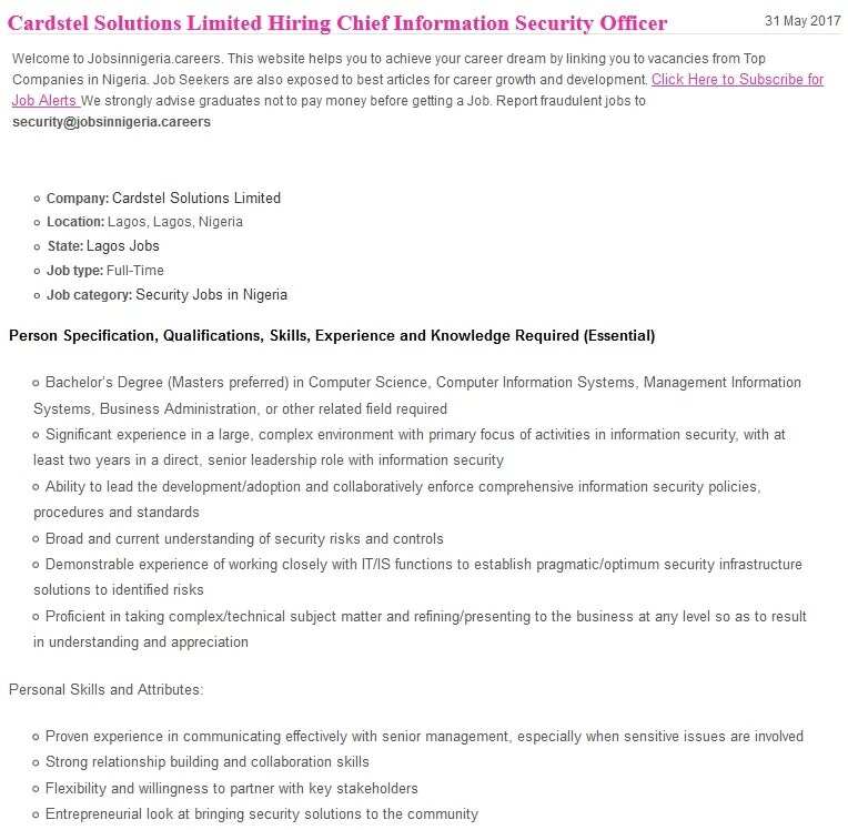 Cardstel Solutions Limited Hiring Chief Information Security Officer