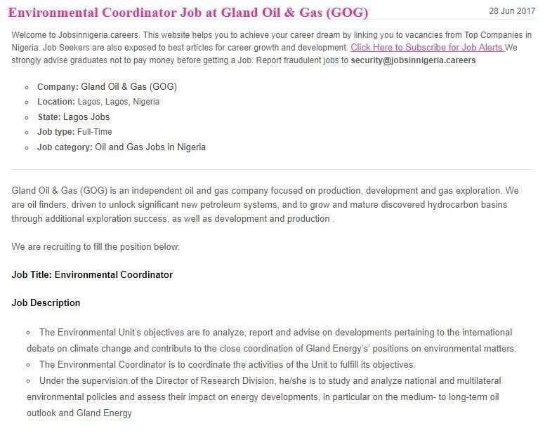 Environmental Coordinator, Gland Oil and Gas