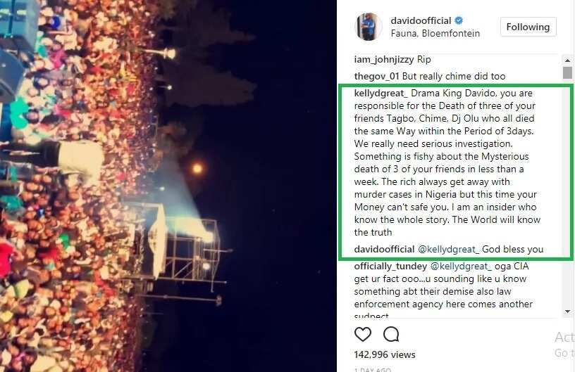 Davido publicly replies follower who accused him of killing his 3 friends