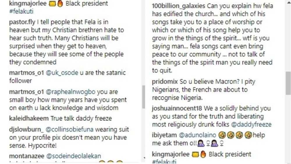 Daddy Freeze calls his aunt an evil one and Fela a prophet